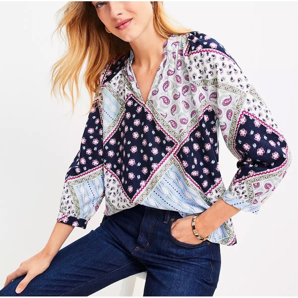 Loft Linen Blend Patchwork Paisley Floral V-Neck Blouse Blue Purple Large